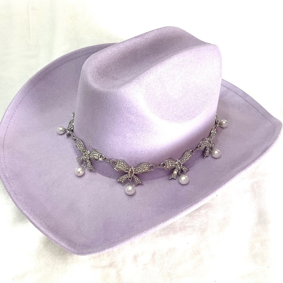 Lavender Purple Pave Ribbon Rhinestone Bow Pearl Charm Western Cowgirl  Hat main image 9